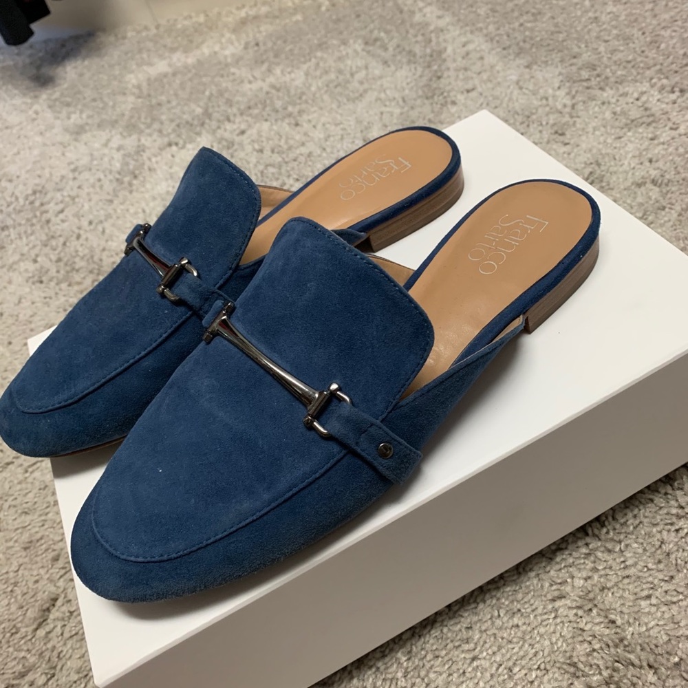 Slate blue suede slip on loafers